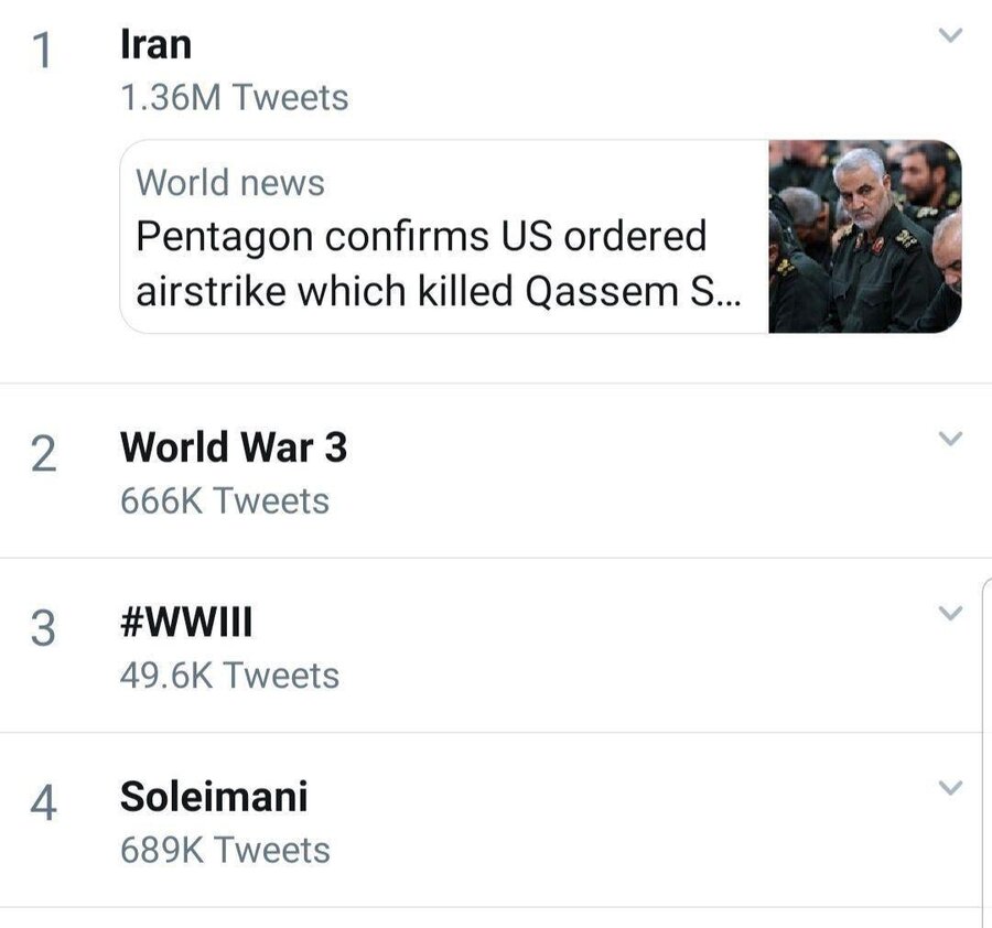 قاسم سلیمانی و جنگ جهانی سوم؛ ترندهای اول توییتر جهان شد