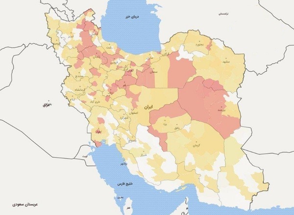 نقشه مناطق سفید و قرمز کرونا در ایران