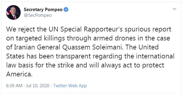 واکنش پامپئو به گزارش سازمان ملل درباره ترور سردار سلیمانی