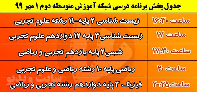 جدول پخش مدرسه تلویزیونی ایران سه شنبه 1 مهر 99/ فهرست برنامه های شبکه آموزش و چهار