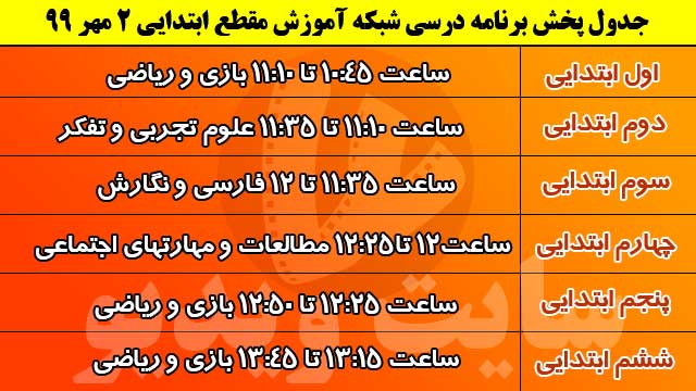 جدول پخش مدرسه تلویزیونی ایران چهارشنبه 2 مهر 99/ فهرست برنامه های شبکه آموزش و چهار