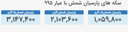 قیمت انواع سکه پارسیان کادویی امروز شنبه ۲۶ مهر ۹۹