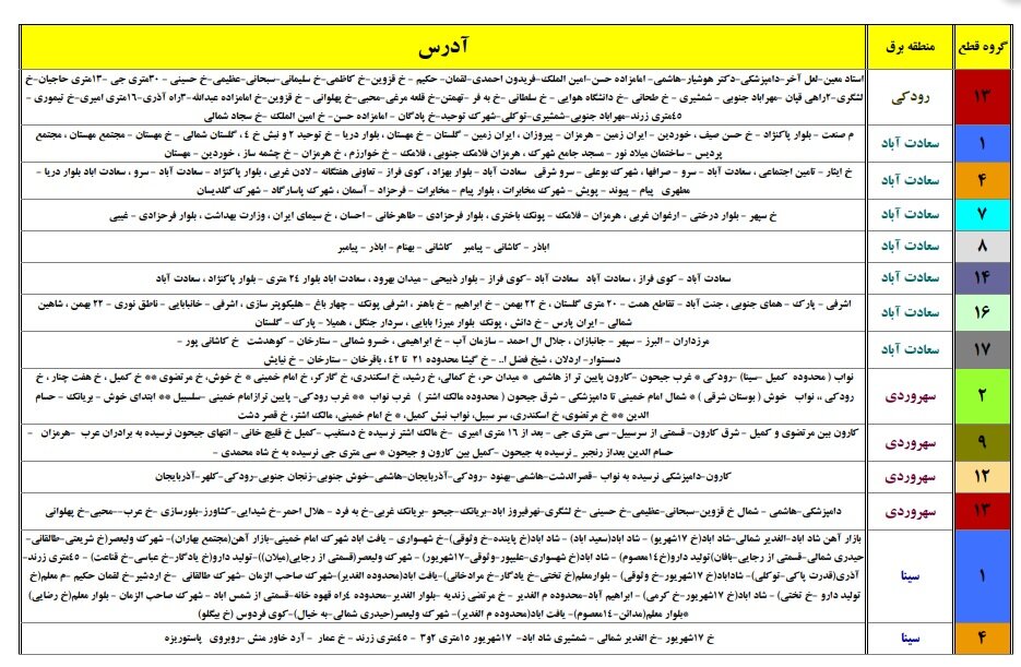 جدول قطعی برق تهران 11 خرداد 1400
