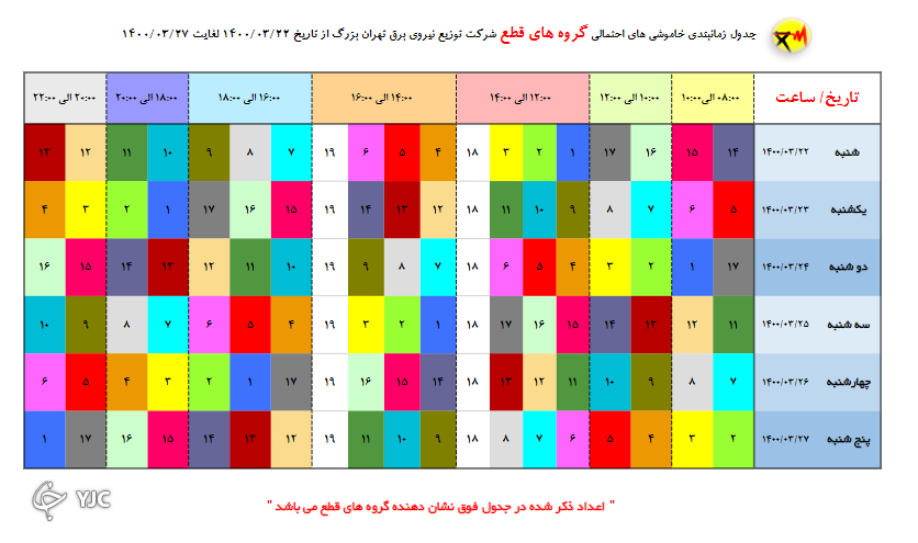 جدول قطع برق در مناطق مختلف پایتخت از ساعت ۱۴ تا ۱۶ امروز ۲۴ خرداد