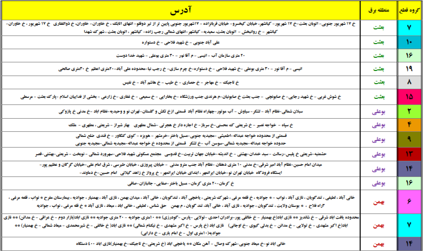 قطعی برق امروز تهران