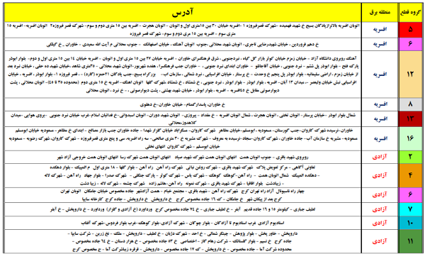 برنامه قطعی برق تهران