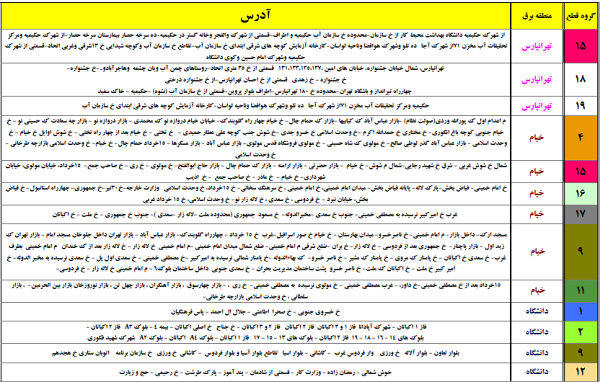 جدول قطعی برق تهران 