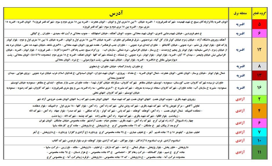 جدول قطعی برق تهران