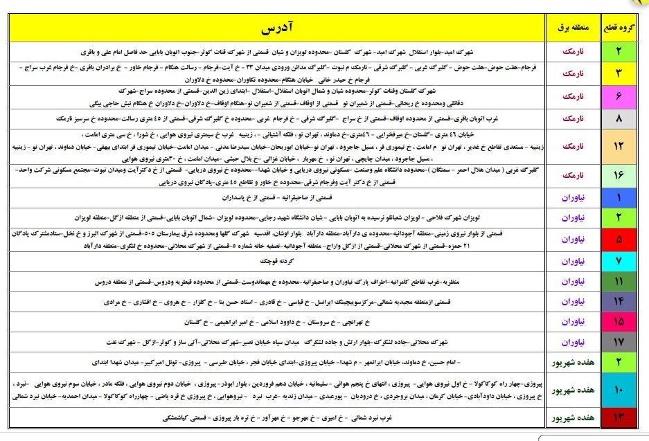 جدول قطعی برق تهران