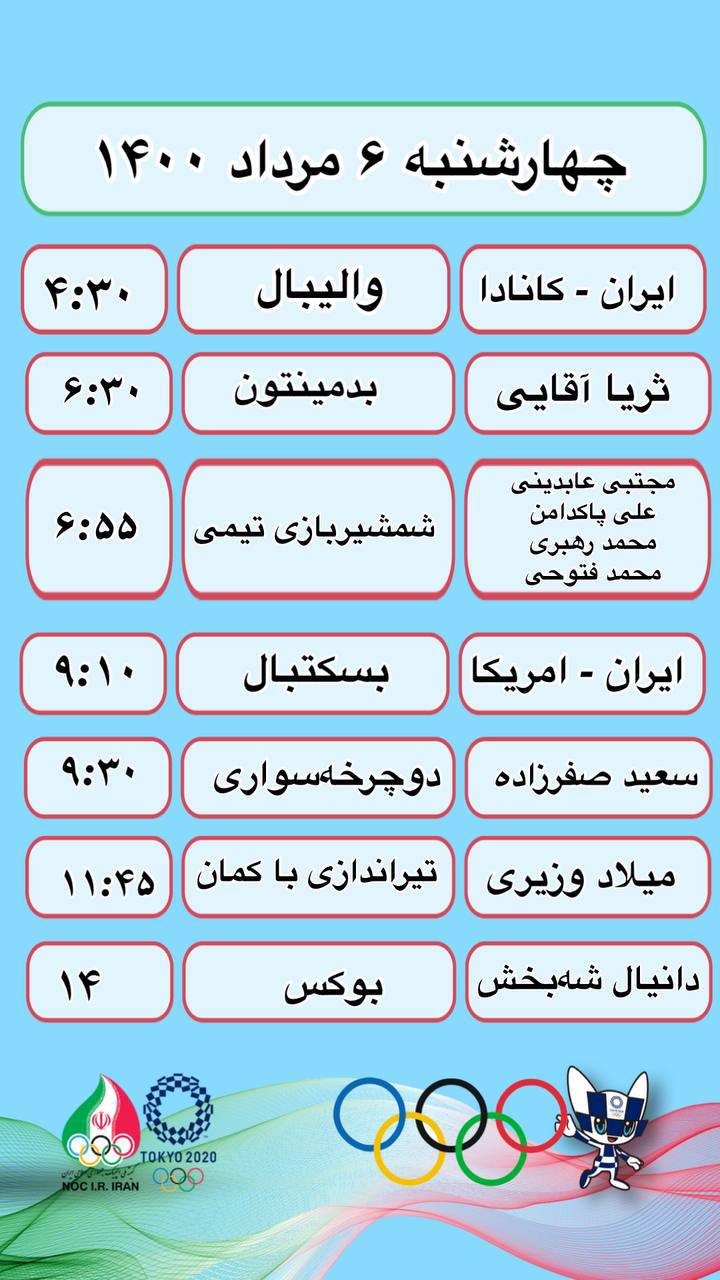 برنامه نمایندگان ایران در روز ششم المپیک ۲۰۲۰+ جدول