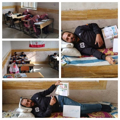 معلم ایرانی از رختخواب در کلاس به دانش آموزان درس داد+ عکس