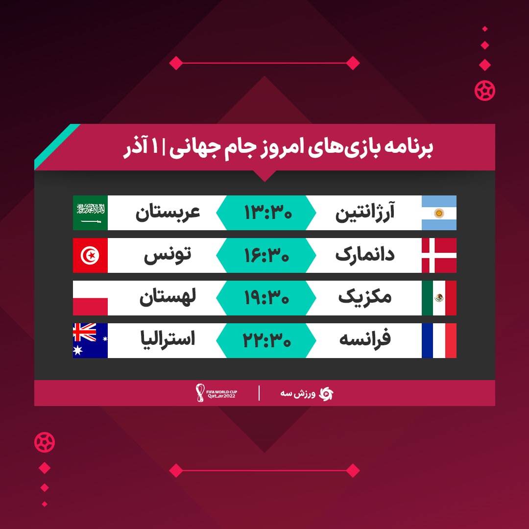 بازی‌های مرحله گروهی جام جهانی ۲۰۲۲ قطر امروز اول آذر + جدول