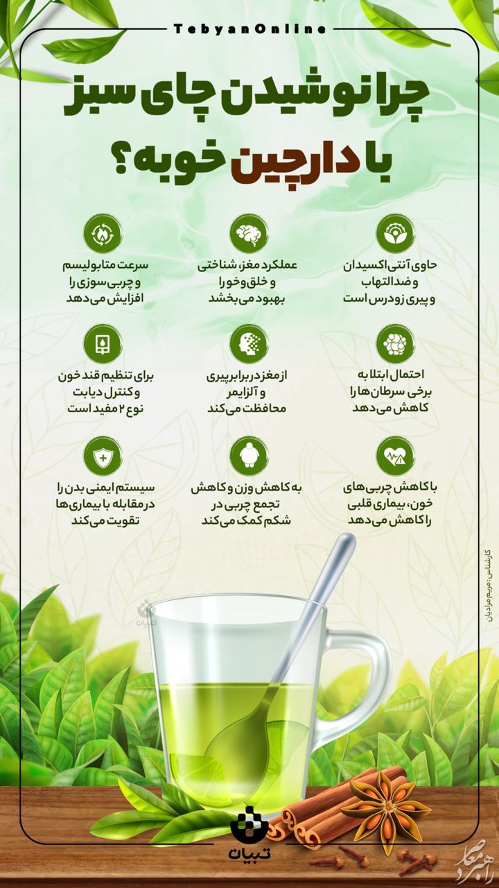فواید نوشیدن چای سبز با دارچین + اینفوگرافیک