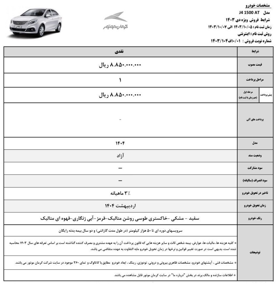 طرح فروش نقدی کرمان موتور دی 1403 + جدول و شرایط