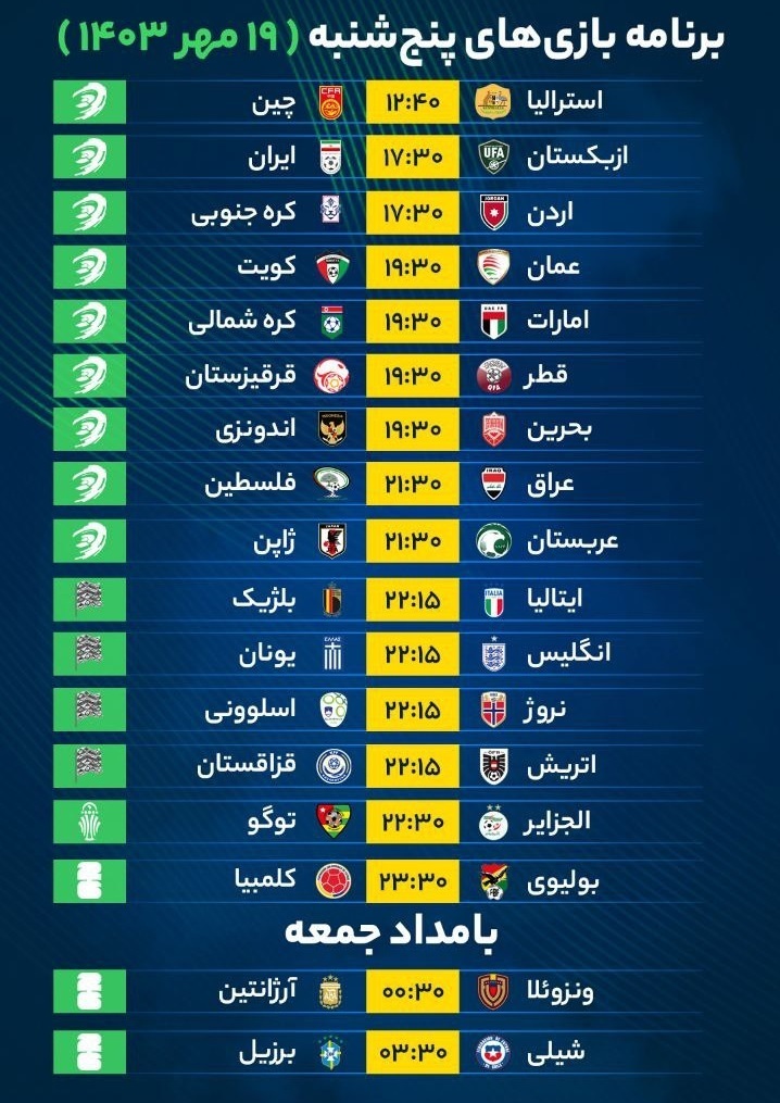 برنامه بازی‌های فوتبال امروز پنج‌شنبه ۱۹ مهر ۱۴۰۳