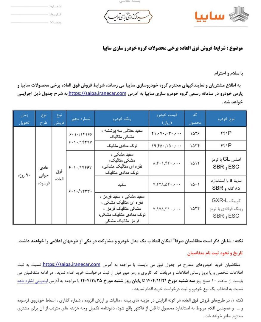 اعلام شرایط فروش فوق العاده ۵ خودروی سایپا + قیمت و زمان تحویل