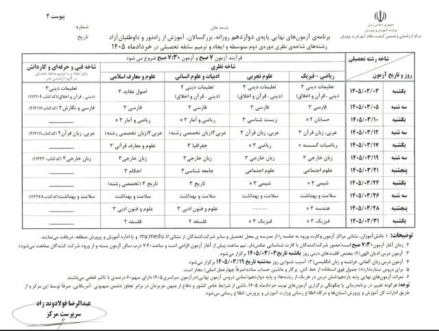 برنامه امتحانات نهایی خرداد ۱۴۰۵ دانش آموزان اعلام شد + جزئیات برنامه امتحانات نهایی خرداد ۱۴۰۵ دانش آموزان اعلام شد + جزئیات
