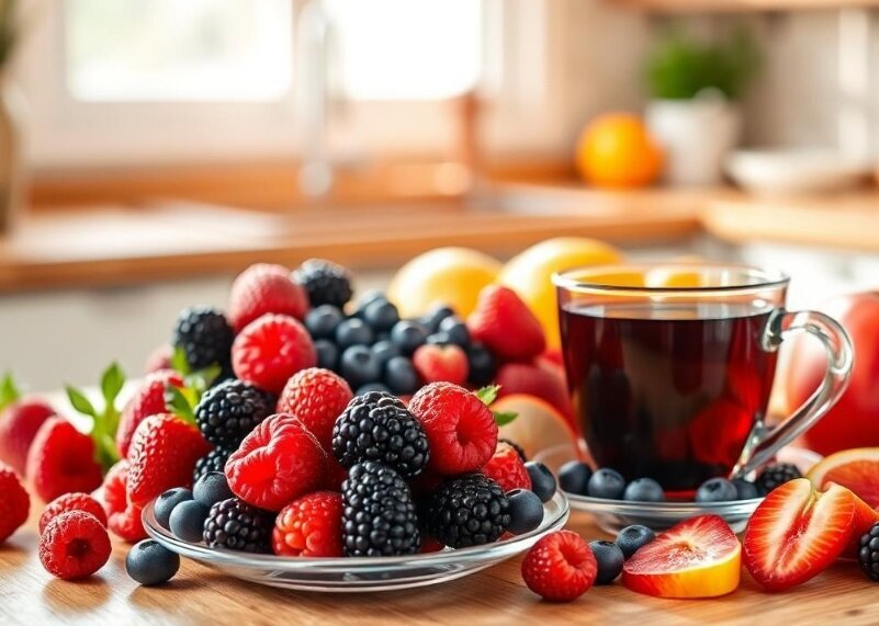 اکسیر جوانی در یک فنجان چای و بشقاب توت 