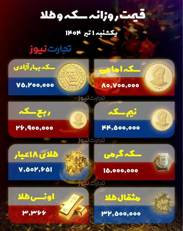 آخرین قیمت طلا و سکه امروز یکشنبه ۱ تیر ۱۴۰۴