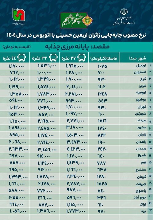 اعلام نرخ مصوب بلیط اتوبوس برای سفر‌های اربعین به مرز چذابه