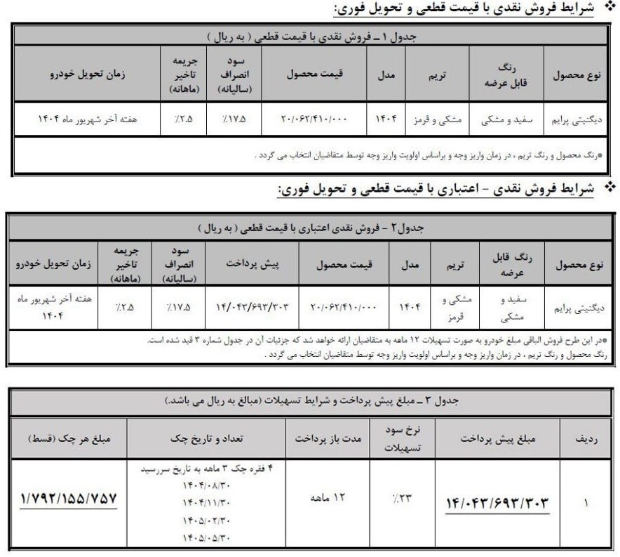 شرایط فروش نقدی و اقساطی دیگنیتی پرایم اعلام شد
