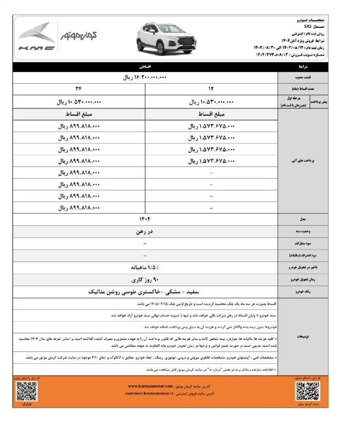 شرایط فروش کرمان موتور