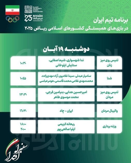 برنامه ورزشکاران ایران در روز سوم بازی‌های کشورهای اسلامی