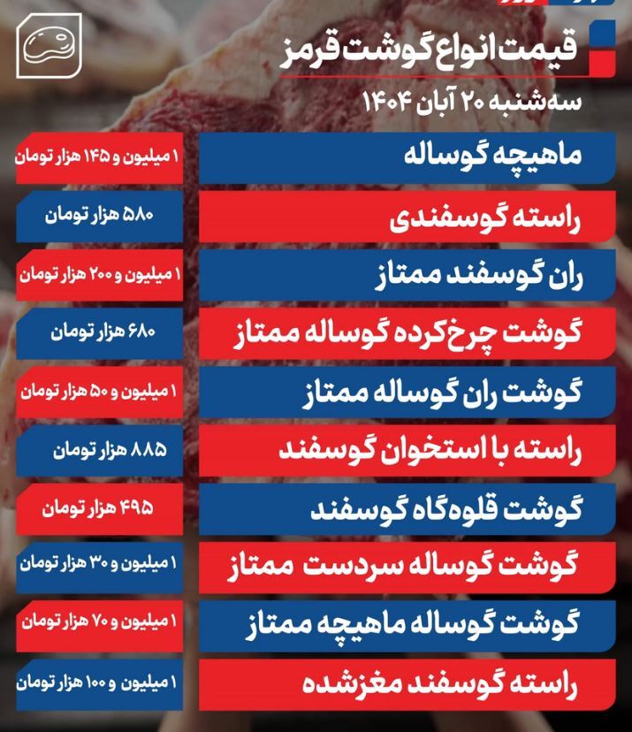 قیمت گوشت قرمز امروز سه‌شنبه ۲۰ آبان ۱۴۰۴