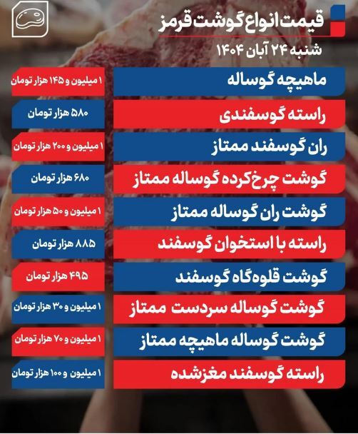قیمت گوشت قرمز امروز شنبه ۲۴ آبان ماه قیمت گوشت قرمز امروز شنبه ۲۴ آبان ماه