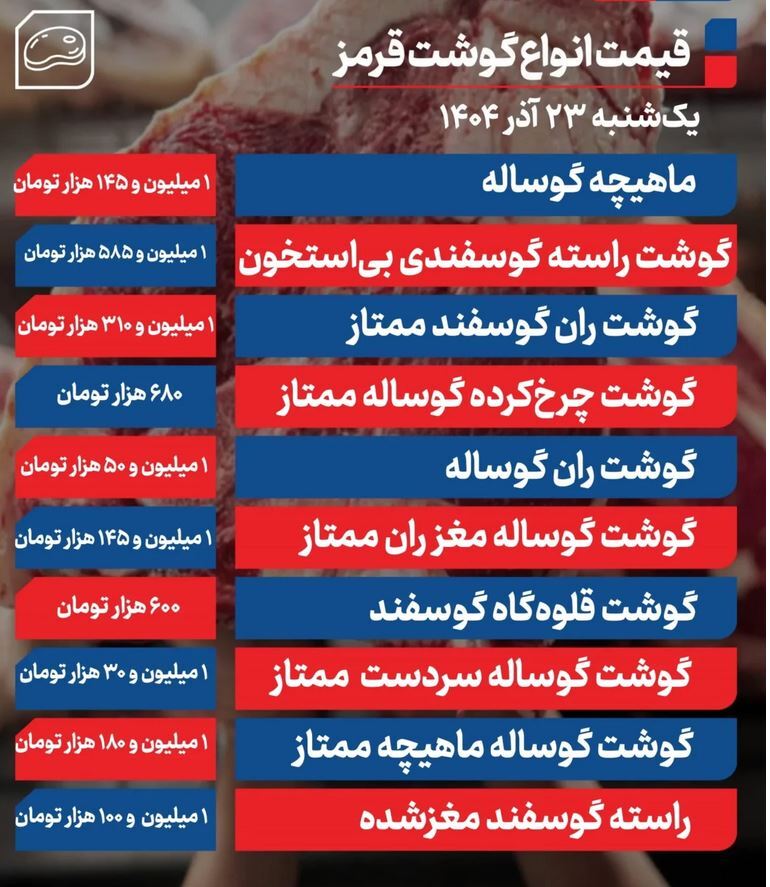 قیمت گوشت قرمز امروز یکشنبه ۲۳ آذرماه + جدول قیمت گوشت قرمز امروز یکشنبه ۲۳ آذرماه + جدول