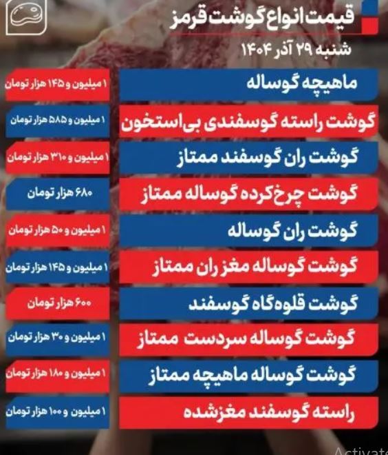 آخرین قیمت گوشت قرمز؛ امروز شنبه ۲۹ آذر ۱۴۰۴