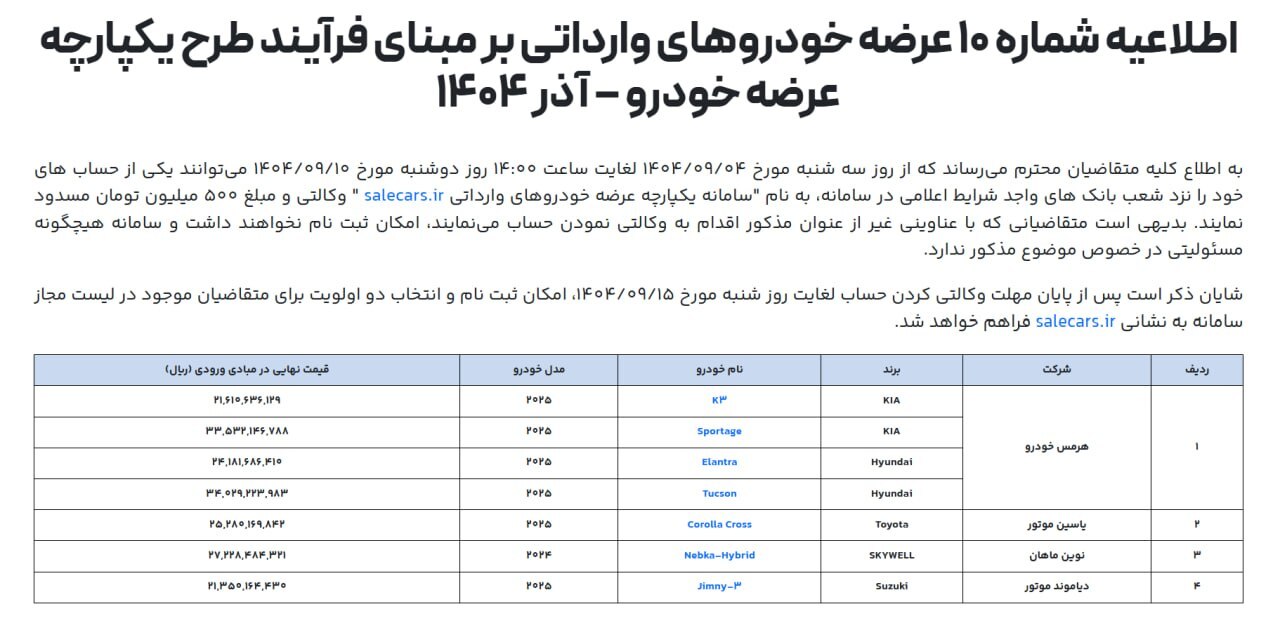 اطلاعیه عرضه خودرو‌های وارداتی به‌روز شد/ جیمنی به جمع خودرو‌ها پیوست