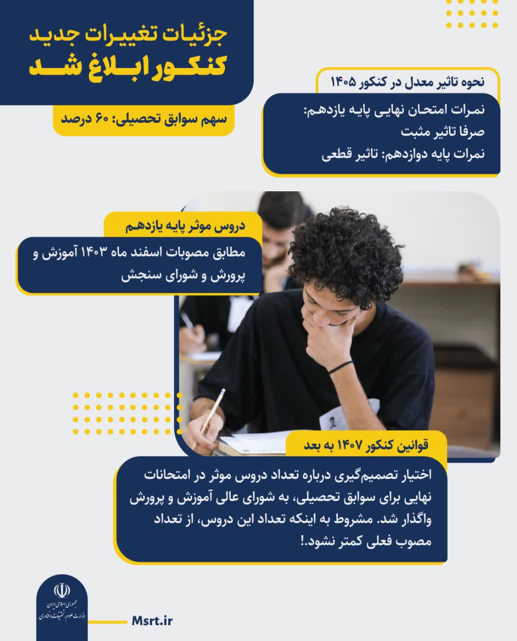 تغییرات جدید کنکور ۱۴۰۵ و ۱۴۰۷ ابلاغ شد / نحوه تاثیر معدل در کنکور + جزییات