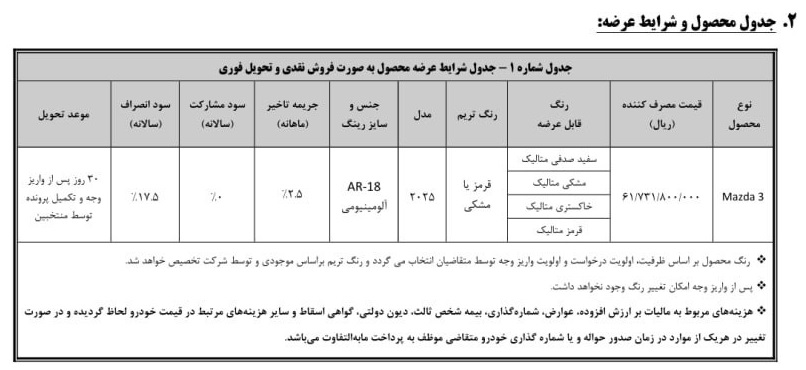 شرایط واریز وجه خودرو مزدا ۳ خرداد ۱۴۰۵