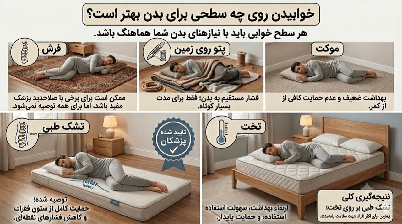 خوابیدن روی چه سطحی برای بدن بهتر است؟ فرش، پتو، موکت، تشک یا تخت + اینفوگرافیک
